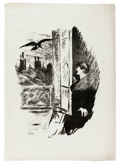 窓辺で (「ここを開けてシャッターを切った...」)、『大鴉』より (ル・コルボー) 作： Édouard Manet