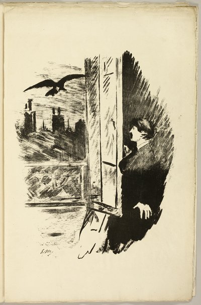 窓辺で (「ここを開けて、シャッターを切った...」)、『大鴉』より (ル・コルボー) 作： Édouard Manet