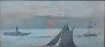 フランス語：海のボート、沈む太陽 作： エドゥアールマネ