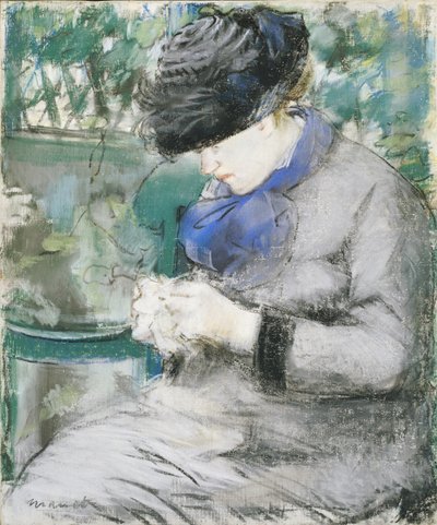 庭に座っている女の子、または編み物、1879 作： Édouard Manet