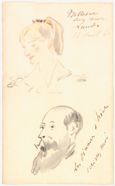 女性の頭部と髭を生やした男性の頭部 作： Édouard Manet