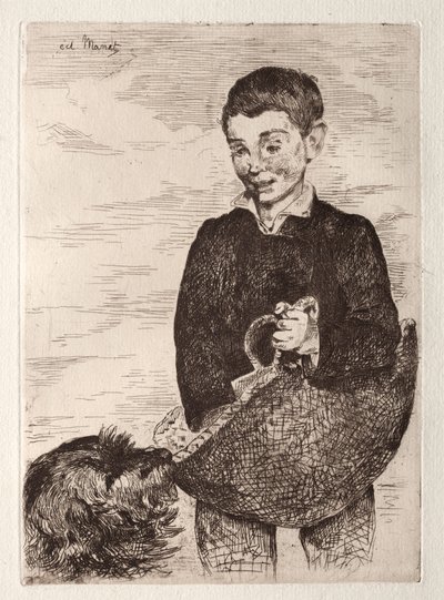 犬を連れた子供 買い物袋を持った子供 作： Édouard Manet