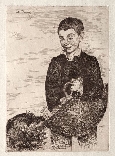 買い物袋を持った犬と子供。 作： Édouard Manet