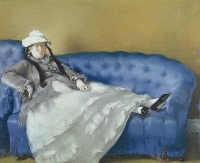 青いソファーのマダムマネ、1874年（紙にパステル） 作： Édouard Manet