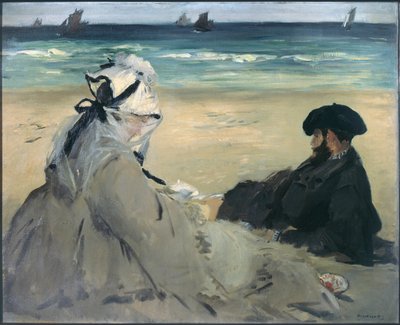 ビーチで。マダムエドゥアールマネ（1830〜1906年）とユージーンマネ（1833-1892年）の肖像画。エドワールマネ（1832-1883）、1873年の絵。油 作： Édouard Manet