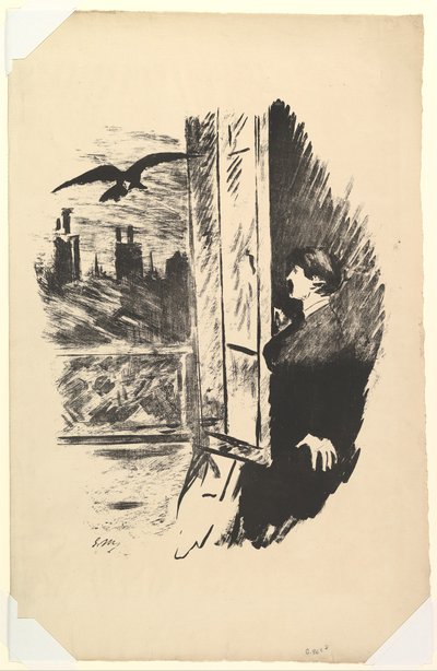 ここで開いて、シャッターを切りました。 エドガー・アラン・ポーによる「大鴉」の挿絵、1875年。 作： Édouard Manet
