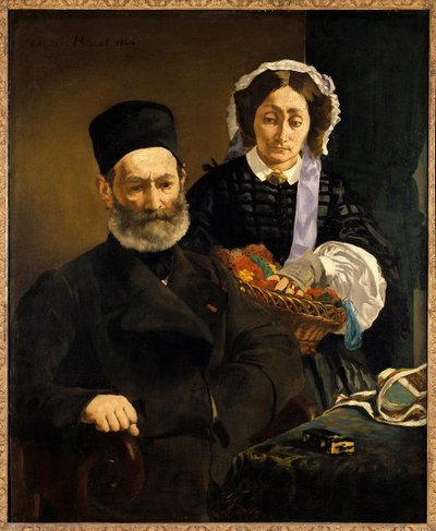 画家の両親であるオーギュスト・マネ夫妻の肖像画 エドゥアール・マネ（1832-1883）の絵画 1860年 Sun.1,1x0,9 m パリ、オルセー美術館 作： Édouard Manet