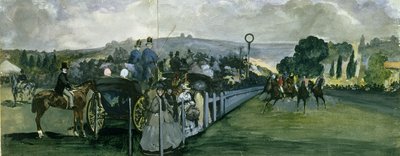 1864年のロンシャンでのレースコース（紙のグラファイト上のトイレとガッシュ） 作： Édouard Manet