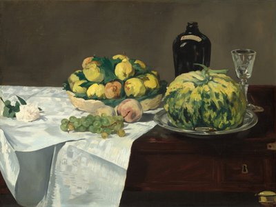 メロンと桃のある静物、c。 1866年。 作： Édouard Manet