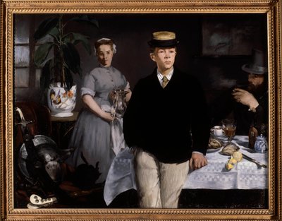 アトリエでの朝食 エドゥアール・マネ（1832-1883）の絵画 1868年 日。1,18x1,54 m ミュンヘン、ノイエ・ピナコテーク - 工房での朝食。エドゥアール・マネ(1832-1883)の絵画 作： Édouard Manet