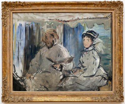 画家クロード・モネ（1840-1926）のアトリエにて。(傍らには妻のカミーユ、工房の船に乗っている）。)エドゥアール・マネ（1832-1883）の絵画、油彩・キャンバス 作： Édouard Manet