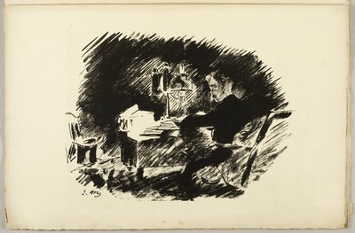 ランプの下で (「むかしむかし真夜中の退屈な...」)、「大鴉」より (ル・コルボー) 作： Édouard Manet