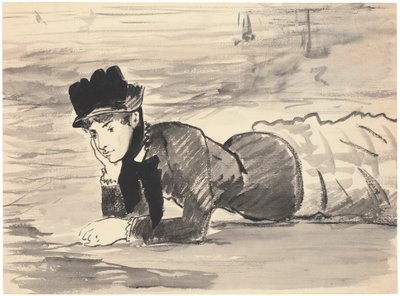 ビーチで横になっている女性。アナベル・リー、c。 1881年（黒チョークの上にブラシ、灰色、黒のインク、ペンと黒褐色のインクで縁取られた） 作： Édouard Manet