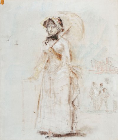 開いた傘で歩く女性。オープンパラソルを持った散歩中の女性、1880年 作： Édouard Manet