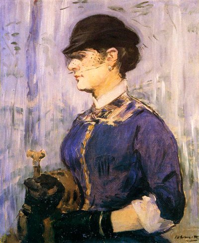 青いトップと小さな黒い帽子の若い女性、1877 作： Édouard Manet
