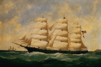 米国の帆船、ルアーブル沖のセルビア（キャンバスに油彩） 作： Edouard Marie Adam