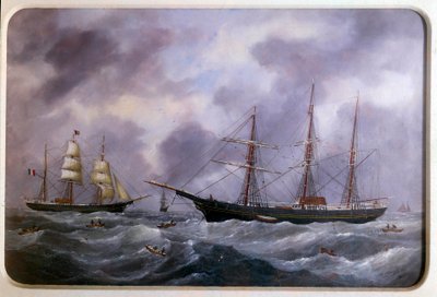 1885年、ニューファンドランドの岸辺で漁をする船たち Edouard Adam (1847-1929) による水彩画 1885年 Paris, Musee de la Marine 作： Edouard Marie Adam
