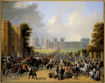 ルイ・フィリップ1世（1773-1850）によるウィンザー城への到着 1844年8月10日 エドゥアール・ピングレ（1788-1875）による絵画 1845年 日1,28x1,6 m 作： Edouard Pingret