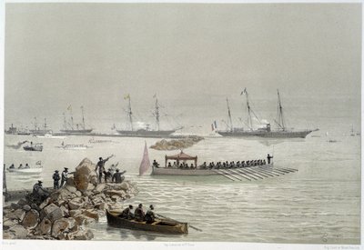 G.ニコルによるスエズ運河の開通式」で君主たちがスエズに到着。1869 作： Edouard Riou