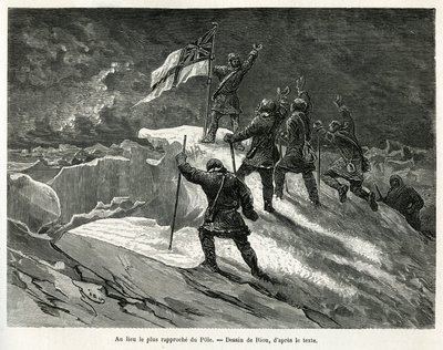 ジョージ・ストロング・ナレス船長（1831-1915）が極に最も近い場所に英国旗を立てた。1875年から1876年にかけて行われたG.S.Nares船長による極海への航海の物語を説明するためにRiouが描いたものである。Le tour du monde」に掲載されている図版 作： Edouard Riou