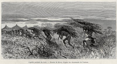 潅木の中で薪を運ぶ捕虜たち。1887年から1889年にかけて、船長ルイ・グスタフ・ビンガー（1856-1936）が、エドゥアールの指導の下、『Le tour du monde, nouveau journal des voyages』に掲載した「ニジェールからギニー湾まで」の物語を説明するために、リウが描いた版画。 作： Edouard Riou