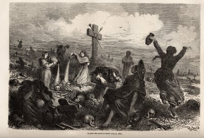 ポール・マルコイの1848年から1860年までの南米旅行を説明するためにリウが描いたクスコでの死者の祭りの祝典。エドゥアール・シャルトン編『Le tour du monde』に掲載されたエングレーヴィング 作： Edouard Riou