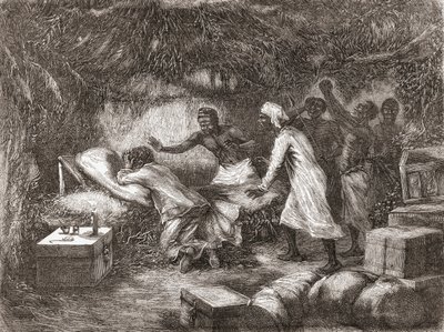 1873年にアフリカのチタンボ村でリヴィングストン博士が亡くなった、「The World intheHands」のイラストが1878年に出版された 作： Edouard Riou