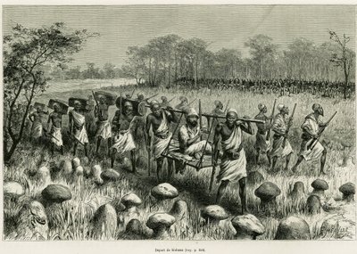 カラッサを出発し、ポーターと一緒に椅子に座っている語り手の旅行者。1883年から1885年にかけて、船のアンサインを務めたVictor Giraud（ヴィクトル・ジロー）が、Edouard C.の指揮の下、1887年のツアー・デュ・モンドに参加した際の物語「Les lacs de l