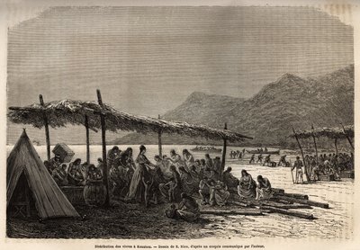 1868年の地震と火山噴火の後、被災者のためにケアウホウで行われた食料の配給。1855年から1869年にかけてのサンドウィッチ諸島への航海を描いたE.Riouの絵の後に、C.de Varignyが彫ったもので、「Le 作： Edouard Riou
