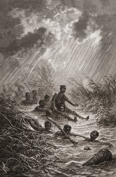 1872年のアフリカへの遠征中にポーターによって沼地に運ばれていたデビッドリビングストン博士。チャールズラプラントが刻んだ「手の中の世界」のイラスト 作： Edouard Riou