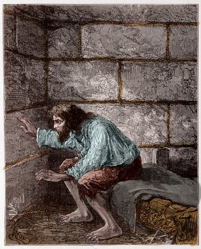 モンテ・クリスト伯（Monte Cristo）ことエドモン・ダンテスの牢獄での様子-アレクサンドル・デュマ作「モンテ・クリスト伯」のRiouによるエングレーヴィング 作： Edouard Riou