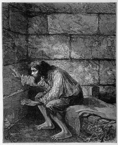 モンテ・クリスト（Monte Cristo）伯爵エドモン・ダンテスの牢獄での様子-アレクサンドル・デュマ著『モンテ・クリスト伯』（Rouff & Cie）に掲載されたRiouのエングレーヴィング。 作： Edouard Riou
