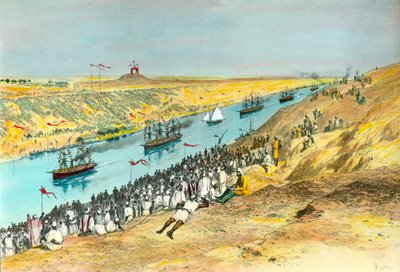 スエズ運河の開通式 紅海と地中海を結ぶために作られた運河。Edouard Riou（1833-1900）によるイラスト 1869年 個人蔵 作： Edouard Riou