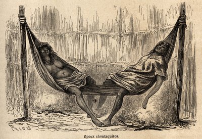 ペルーのインディアンの夫チョンタキロスが花嫁用のハンモックで眠っている。1848年から1860年にかけてのP.マルコイの太平洋から大西洋への航海を説明するためにリウが描いたものである。エドゥアール・シャルトン編『Le tour du monde』の図版 作： Edouard Riou