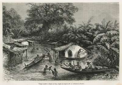 アルフレッド・マルシェが1875年から1877年にかけて行ったガボンとオゴエ川への旅の物語を説明するために、リウが描いたイノンデスの村々。Le tour du monde』に掲載されているエングレーヴィング 作： Edouard Riou