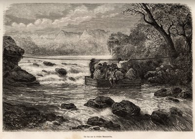 La traversee par le bac de la Riviere Mesacancha (Bas Peru), E.Riouによる1862年から1863年にかけての山地、Huarancalquiの谷、Pjonalの地域での旅を描いたエングレーヴィング、Paul Marcoyによるもの、"Le tour du monde "1875年に掲載。 作： Edouard Riou