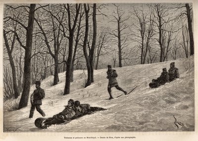 モントリオール近郊のモン・ロワイヤル高原でのリュージュとスケーター。1873年にH.デ・ラモットが行ったカナダと北の川への小旅行を描いたリウの絵の後に彫られたもので、1875年にエドゥアール・シャルトンが編集した「Le tour du monde」に掲載されている。 作： Edouard Riou
