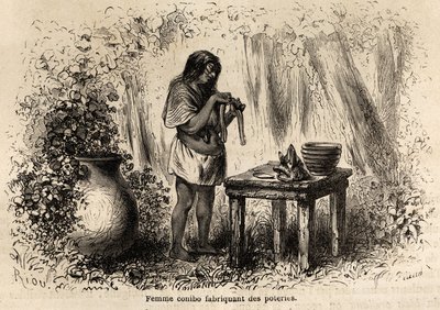 ペルーのコニボ族インディアンによる陶器の製造、1848年から1860年にかけてのP.マルコイの太平洋から大西洋への航海を説明するためにリウが描いたもの。エドゥアール・シャルトン編『Le tour du monde』に掲載された図版 作： Edouard Riou