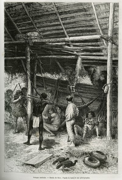 アマゾン河畔のインディアンによる探検家の小屋への朝の襲撃。1878年から1879年にかけて、フランス海軍の医師ジュール・クレヴォーが書いたカイエン・オ・アンデスの物語を説明するためにリウが描いたもので、「Tour du monde」に掲載されている。 作： Edouard Riou