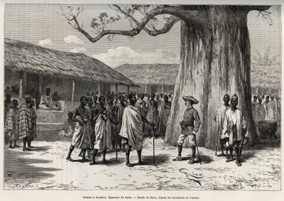 Palabre a Aouabou（コートジボワール）。アンノの宮廷での商取引の署名、著者の肖像画付き。1887-1年、キャプテン・ルイ・グスタフ・バンジェ（1856-1936）の「ニジェールからギニー湾へ」という物語を説明するためのリウによるエングレーヴィング。 作： Edouard Riou