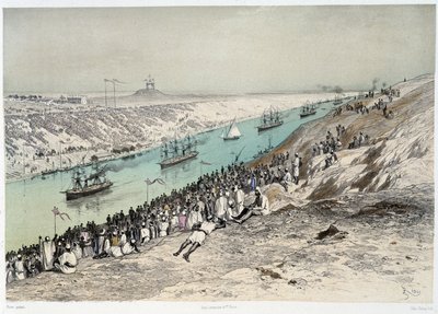 G.ニコルによるスエズ運河開通式」でのエルグイスルへの通過。1869 作： Edouard Riou