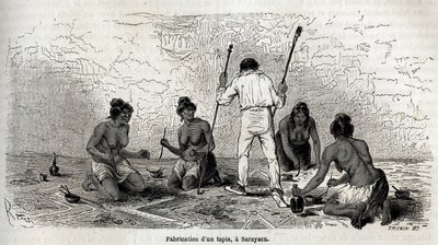 ポール・マルコイはサラヤク（ペルー）の未亡人たちと一緒にカーペット作りを学んだ。1848年から1860年までのポール・マルコイの太平洋から大西洋への旅を説明するために、リウが描いたもの。エドゥアール・シャルトン編『Le tour du monde』の図版 作： Edouard Riou