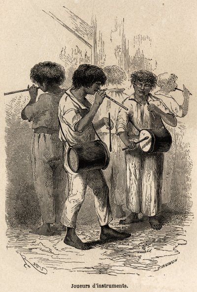 1848年から1860年にかけてのポール・マルコイの太平洋から大西洋への旅を説明するために描かれた、リウによるサラヤク（ペルー）での楽器演奏者たち。エドゥアール・シャルトン編『Le tour du monde』に掲載された図版 作： Edouard Riou