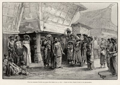 スマトラ島北部の民族であるバタック族の少女が耳飾りをしている様子。ジュール・クレーヌ（1856-1939）の「マレーシアの一年」の挿絵としてリウが描いたもの。 作： Edouard Riou