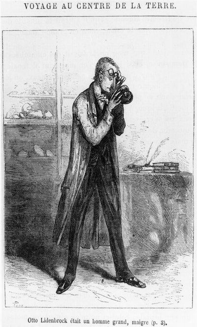 オットーリデンブロック教授、ジュールヴェルヌ作「地球の中心への旅」のイラスト（1828〜1905年）、パリ、ヘッツェル 作： Edouard Riou