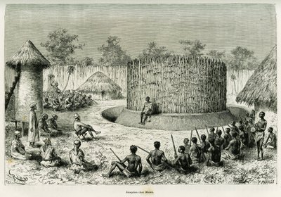 部族長Mkweweのレセプション、語り手と。1883年から1885年にかけて、エドゥアール・シャルトン（1807-1890）の指揮の下、1886年のツアー・デュ・モンドに参加した船のアンサイン、ヴィクトール・ジローによる物語「赤道アフリカの湖」を説明するためのリウのエングレーヴィング。 作： Edouard Riou