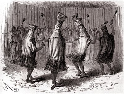 ペルーのティクナ・インディアンが変装と仮面をつけて踊る儀式ダンス 作： Edouard Riou