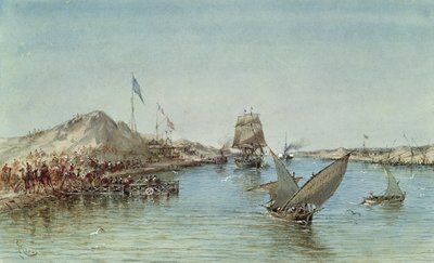1869年の就任式での皇后ユージニー（1826-1920）の航海を記念したお土産アルバムから、スエズ運河で出荷（紙にトイレ） 作： Edouard Riou
