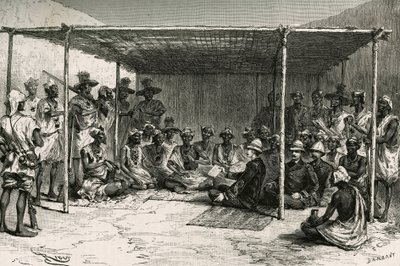 1880年4月25日、司令官ジョセフ・ガリエーニ（1849-1916）とトコンタン・ケイタの間で結ばれた、キタ国（旧フランス領スーダン、現在のマリ）をフランスの保護下に置くための条約の調印式。auのスケッチをもとにRiouが作成した版画 作： Edouard Riou
