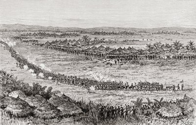 ヘンリーモートンスタンリーと彼の部下は、スクマ族の先住民に脅かされています、1890年（木の彫刻） 作： Edouard Riou